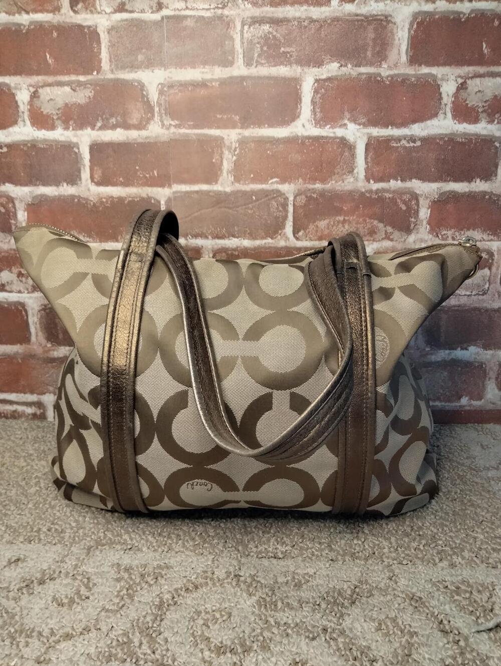 Coach Poppy 13826 Tote Op Art Glam Tote Beige Gold Handbag - Picture 5 of 9
